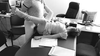 The boss fucks his tiny secretary on the office table and films it on hidden camera