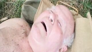 A sexy blonde babe and a horny granny sharing a cock outdoors