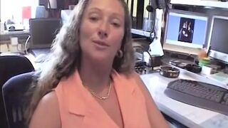 A hot brunette secretary from Germany loves riding a hard cock in the office