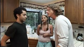 Teen babysitter is playing with herself while dude fucks her ass in the kitchen